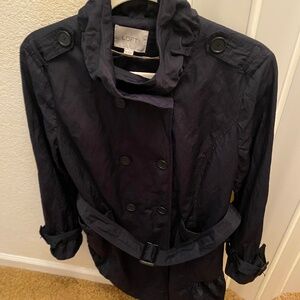 ANN TAYLOR LOFT JACKET PETITE LARGE NAVY METALLIC SHEEN BELTED DOUBLE BREASTED